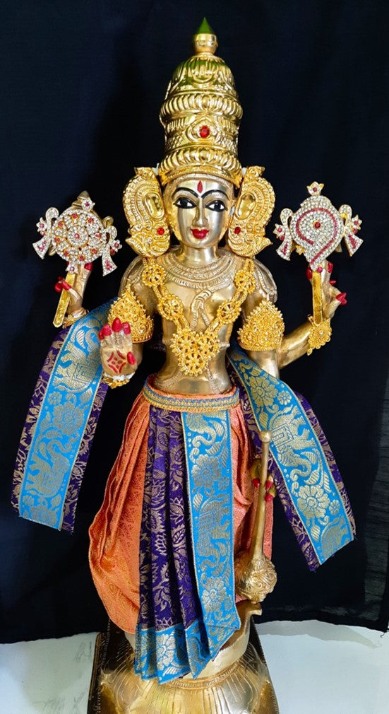 Deity dhoti and patka shalya / Uparna vastra made of Brocade Silk fabric (Not Pure Silk) - Peach and navy blue Dhoti with sky blue jari border and shalya