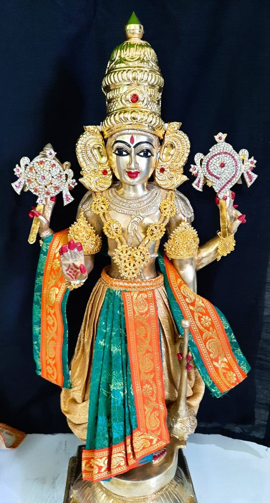 Deity dhoti and patka shalya / Uparna vastra made of Brocade Silk fabric (Not Pure Silk) - Bottle green and gold Dhoti with orange jari border and shalya 1