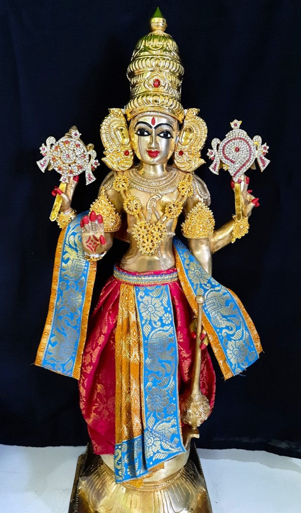 Deity dhoti and patka shalya / Uparna vastra made of Brocade Silk fabric (Not Pure Silk) - Mustard and pink Dhoti with sky blue jari border and shalya 1