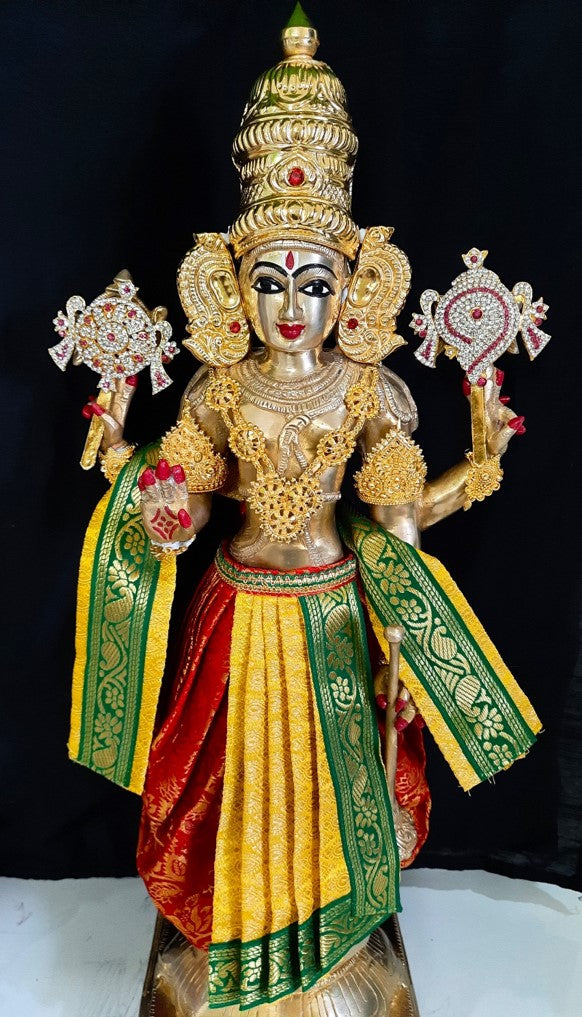 Deity dhoti and patka shalya / Uparna vastra made of Brocade Silk fabric (Not Pure Silk) - Yellow and red Dhoti with blue jari border and shalya 1