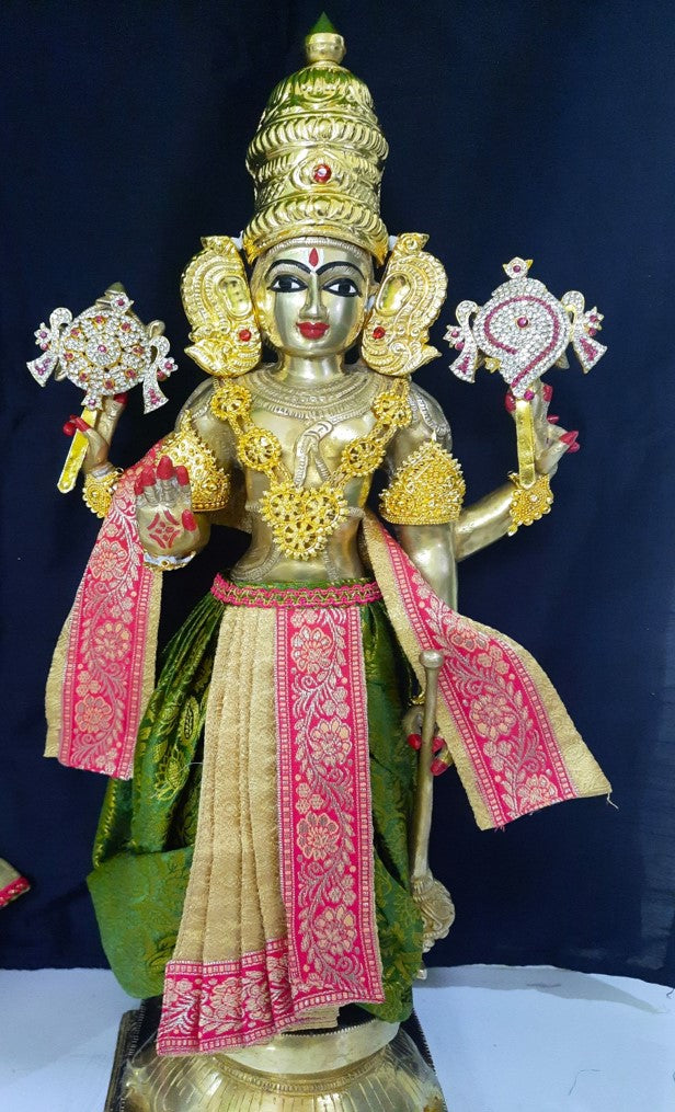 Deity dhoti and patka shalya / Uparna vastra made of Brocade Silk fabric (Not Pure Silk) - Gold and sap green Dhoti with pink jari border and shalya