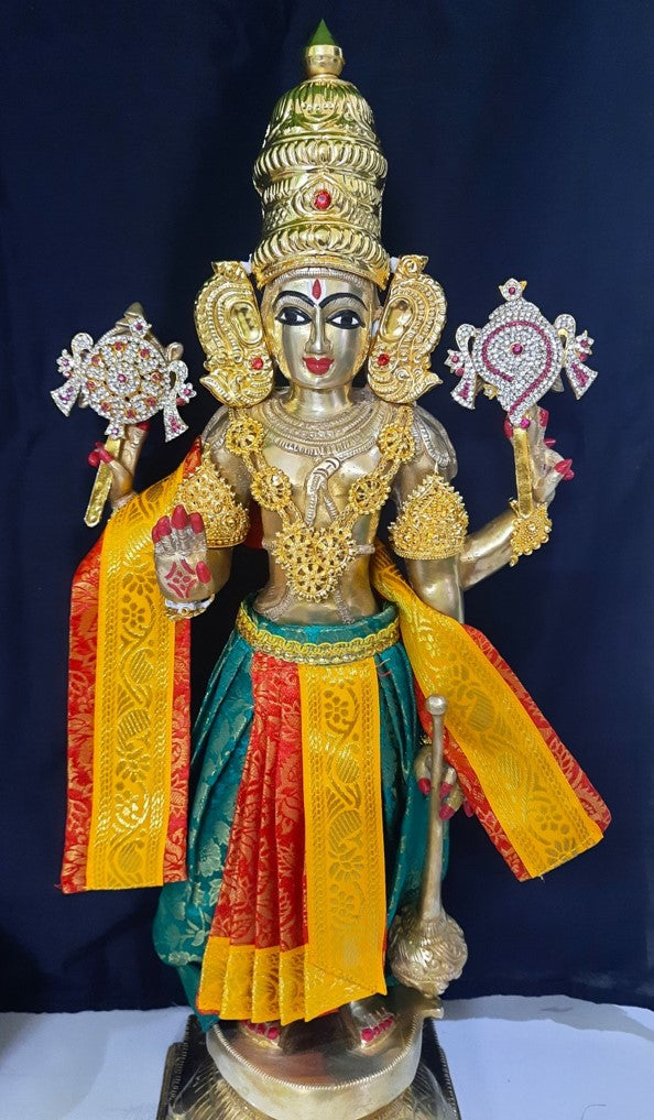 Deity dhoti and patka shalya / Uparna vastra made of Brocade Silk fabric (Not Pure Silk) - Red and bottle green Dhoti with yellow jari border and shalya