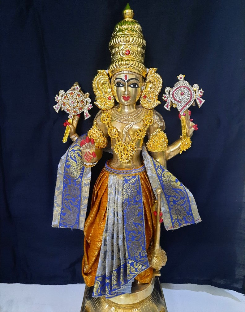 Deity dhoti and patka shalya / Uparna vastra made of Brocade Silk fabric (Not Pure Silk) - Grey and mustard Dhoti with blue jari border and shalya