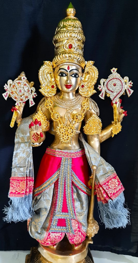 Deity dhoti and patka shalya / Uparna vastra made of Brocade Silk fabric (Not Pure Silk) - Grey Dhoti with pink jari border and shalya 1