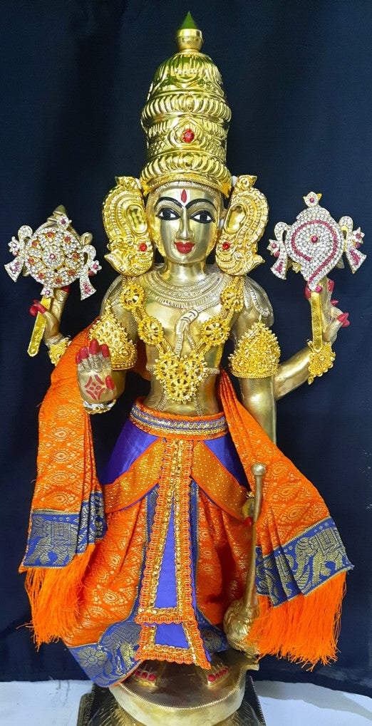 Deity dhoti and patka shalya / Uparna vastra made of Brocade Silk fabric (Not Pure Silk) - Orange Dhoti with Blue jari border and shalya 1