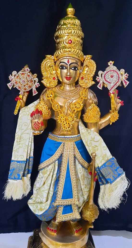 Deity dhoti and patka shalya / Uparna vastra made of Brocade Silk fabric (Not Pure Silk) - White Dhoti with Blue jari border and shalya 1
