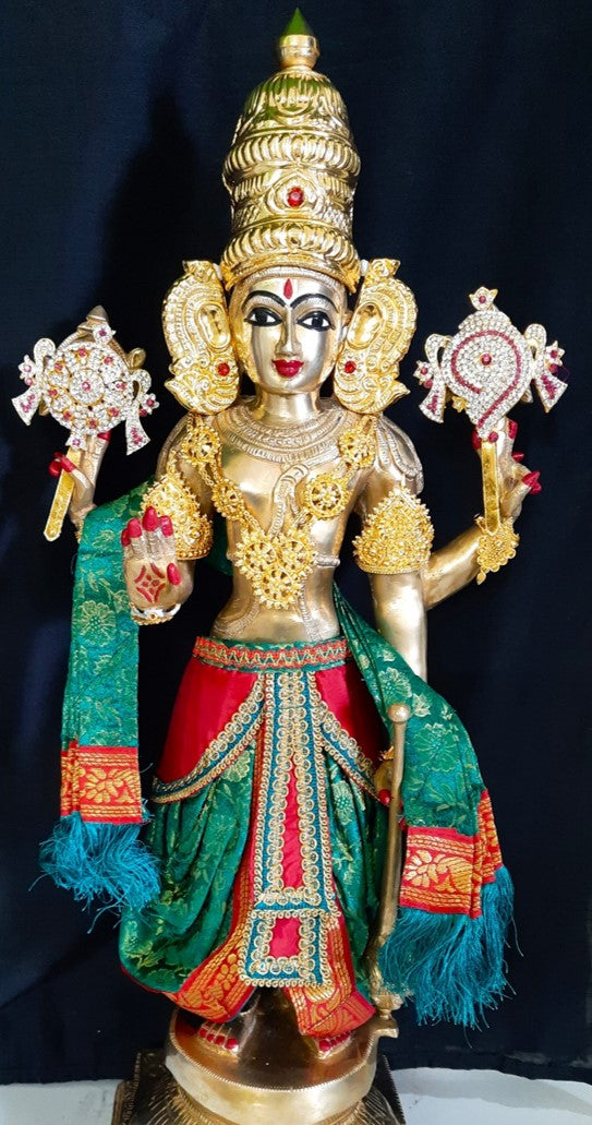 Deity dhoti and patka shalya / Uparna vastra made of Brocade Silk fabric (Not Pure Silk) - Bottle green Dhoti with red jari border and shalya 1