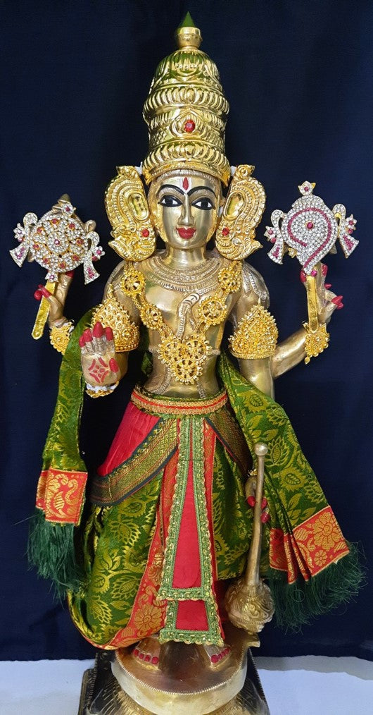 Deity dhoti and patka shalya / Uparna vastra made of Brocade Silk fabric (Not Pure Silk) - Sap green Dhoti with red jari border and shalya