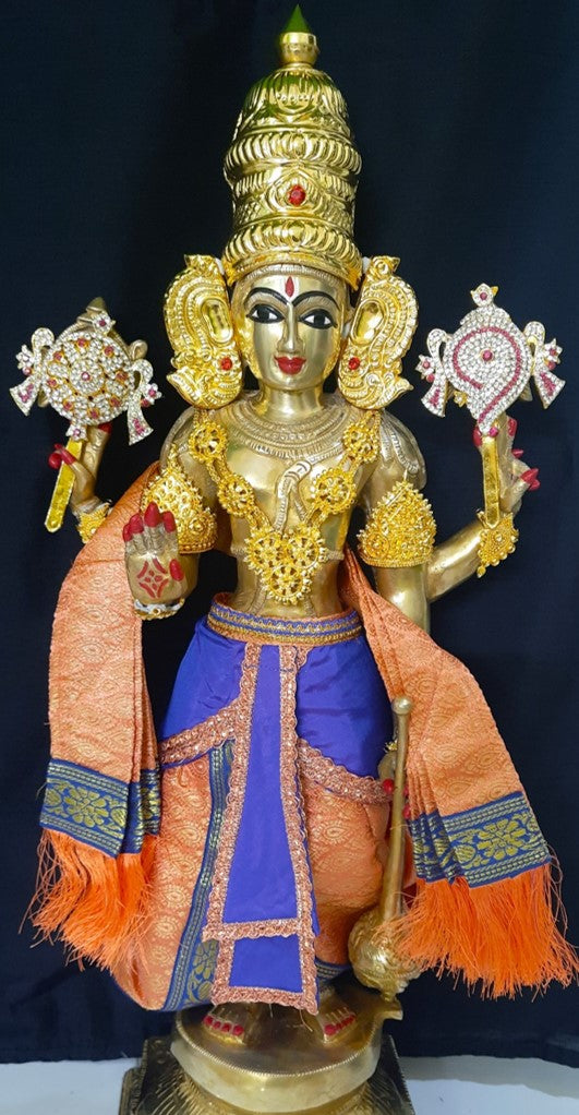 Deity dhoti and patka shalya / Uparna vastra made of Brocade Silk fabric (Not Pure Silk) - Peach Dhoti with blue jari border and shalya