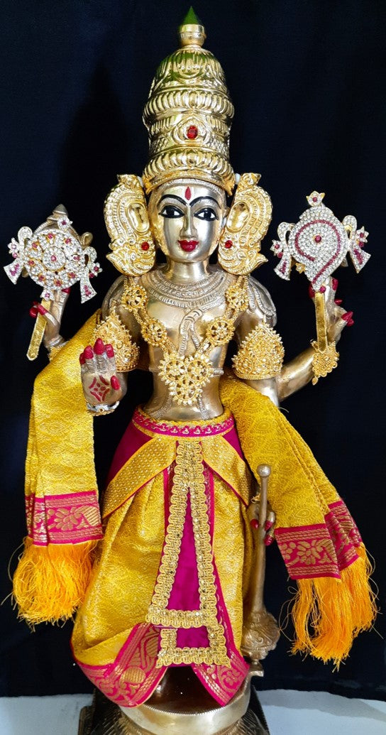 Deity dhoti and patka shalya / Uparna vastra made of Brocade Silk fabric (Not Pure Silk) - Yellow Dhoti with Pink jari border and shalya