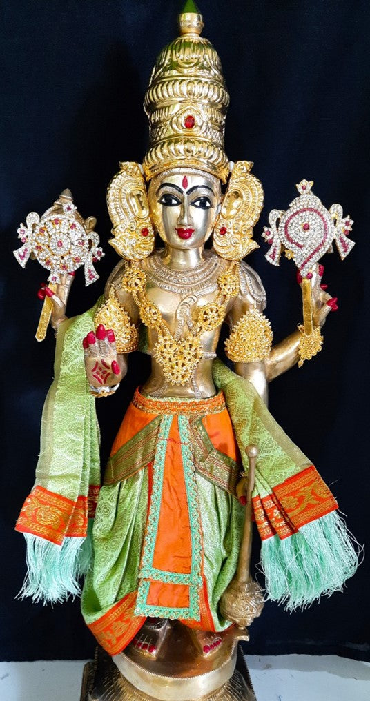 Deity dhoti and patka shalya / Uparna vastra made of Brocade Silk fabric (Not Pure Silk) - Pastle green Dhoti with orange jari border and shalya 1