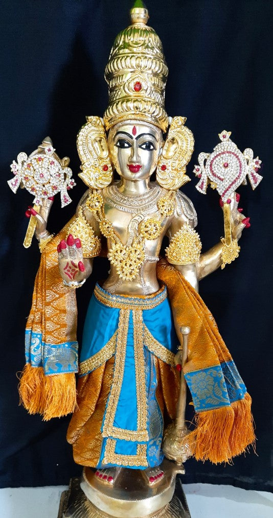 Deity dhoti and patka shalya / Uparna vastra made of Brocade Silk fabric (Not Pure Silk) - Mustard yellow Dhoti with sky blue jari border and shalya 1