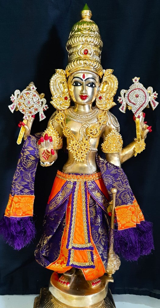 Deity dhoti and patka shalya / Uparna vastra made of Brocade Silk fabric (Not Pure Silk) - Purple Dhoti with orange jari border and shalya