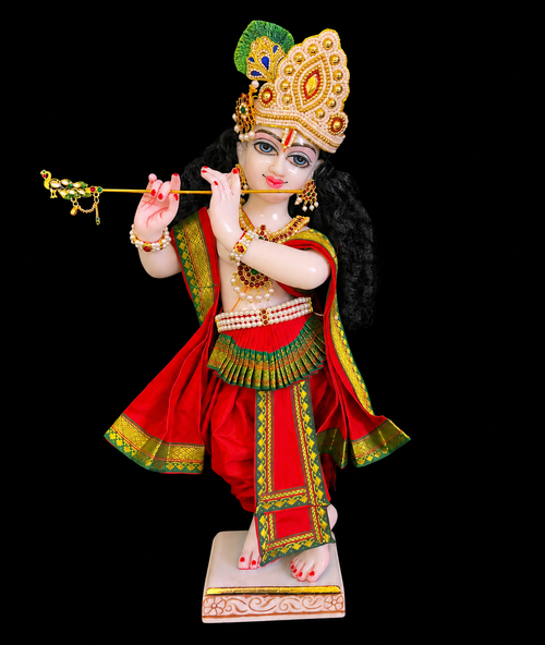 Bharthanatyam inspired inspired Deity dhoti and patka shalya / Uparna vastra made of Plain Silk (Not Pure Silk) - Red Dhoti with Green border, Red shalya and Red fan