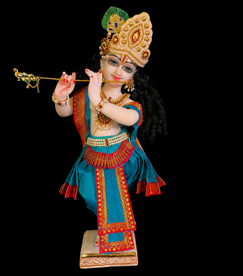 Bharthanatyam inspired inspired Deity dhoti and patka shalya / Uparna vastra made of Plain Silk (Not Pure Silk) - Sky Blue Dhoti with Red border, Sky Blue shalya and Sky Blue fan
