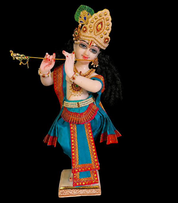 Bharthanatyam inspired inspired Deity dhoti and patka shalya / Uparna vastra made of Plain Silk (Not Pure Silk) - Sky Blue Dhoti with Red border, Sky Blue shalya and Sky Blue fan