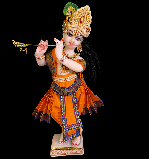 Bharthanatyam inspired inspired Deity dhoti and patka shalya / Uparna vastra made of Plain Silk (Not Pure Silk) - Orange Dhoti with Royal Blue border, Orange shalya and Orange fan