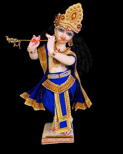 Bharthanatyam inspired inspired Deity dhoti and patka shalya / Uparna vastra made of Plain Silk (Not Pure Silk) - Blue Dhoti with Off White border, Blue shalya and Blue fan