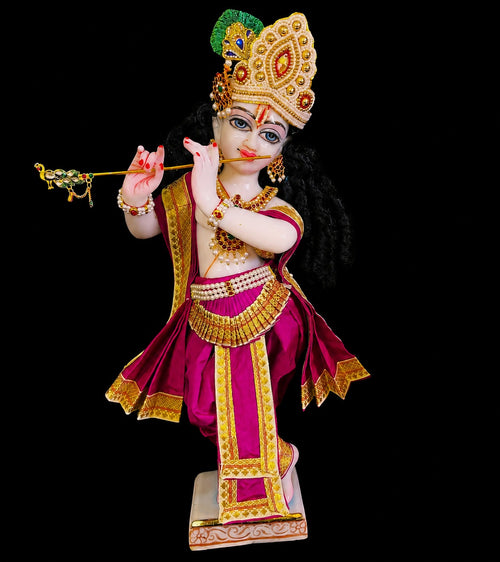 Bharthanatyam inspired inspired Deity dhoti and patka shalya / Uparna vastra made of Plain Silk (Not Pure Silk) - Rani Pink Dhoti with Off White border, Rani Pink shalya and Rani Pink fan