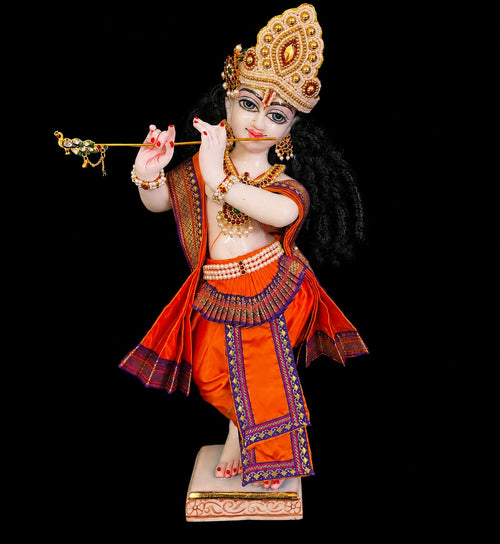 Bharthanatyam inspired inspired Deity dhoti and patka shalya / Uparna vastra made of Plain Silk (Not Pure Silk) - Orange Dhoti with Purple border, Orange shalya and Orange fan