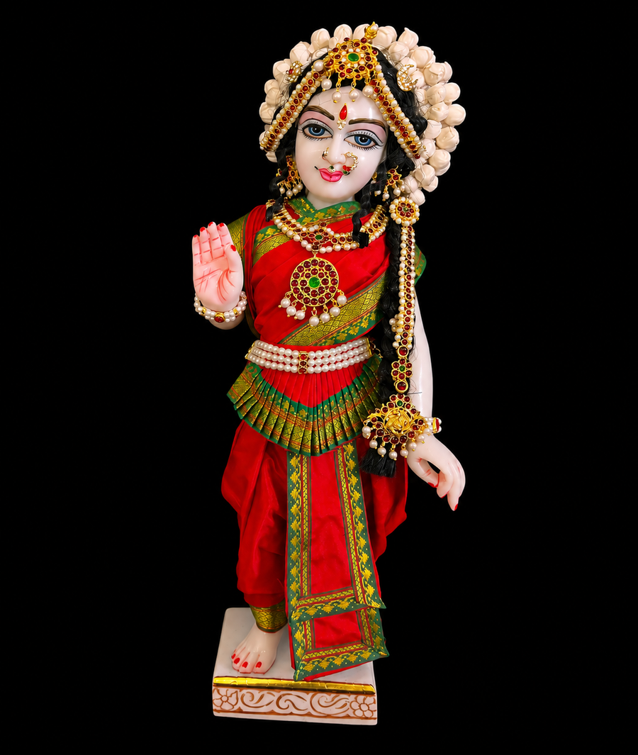 Bharthanatyam inspired Deity Pre-stitched Saree made of Plain Silk (Not Pure Silk) - Red Saree with Green border, Red blouse and Red fan