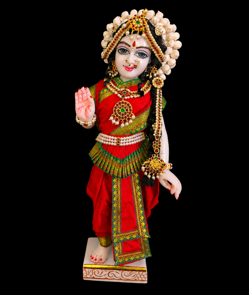 Bharthanatyam inspired Deity Pre-stitched Saree made of Plain Silk (Not Pure Silk) - Red Saree with Green border, Red blouse and Red fan