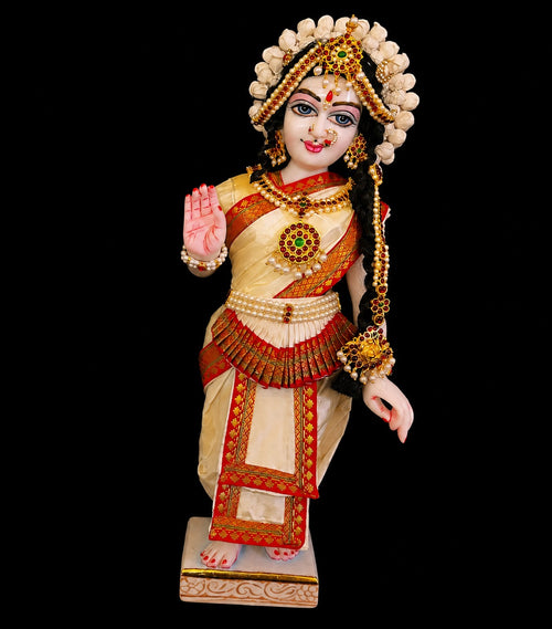Bharthanatyam inspired Deity Pre-stitched Saree made of Plain Silk (Not Pure Silk) - Off White Saree with Red border, Off White blouse and Off White fan