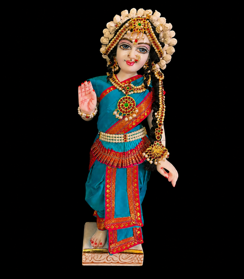 Bharthanatyam inspired Deity Pre-stitched Saree made of Plain Silk (Not Pure Silk) - Sky Blue Saree with Red border, Sky Blue blouse and Sky Blue fan