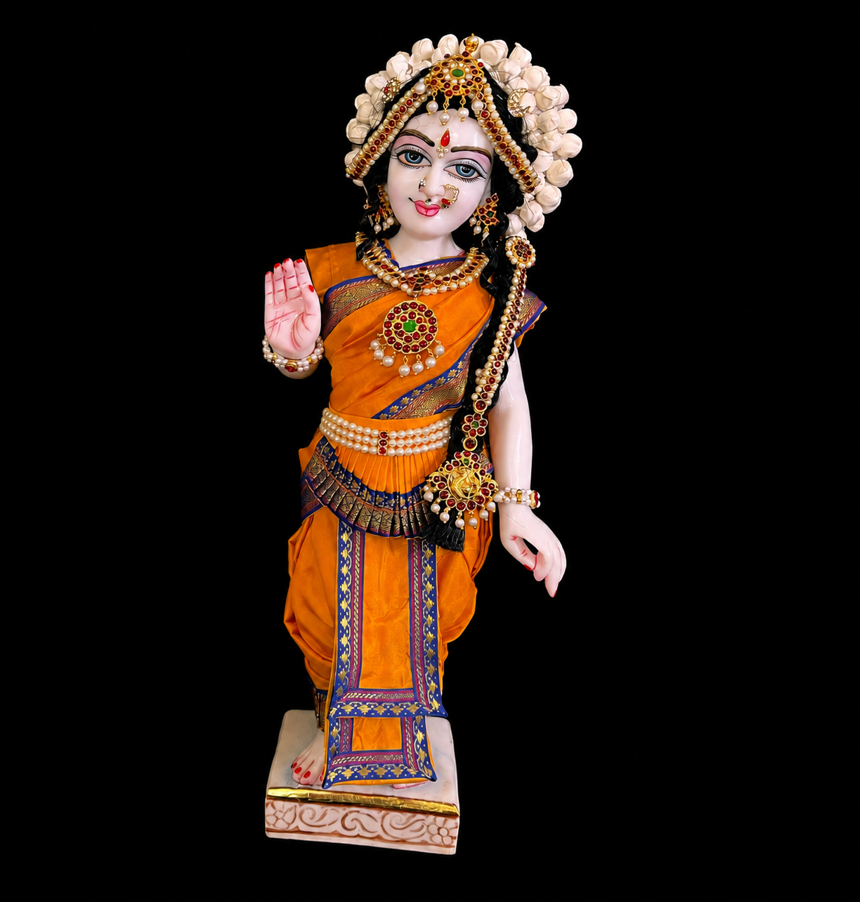 Bharthanatyam inspired Deity Pre-stitched Saree made of Plain Silk (Not Pure Silk) - Orange Saree with Royal Blue border, Orange blouse and Orange fan 1