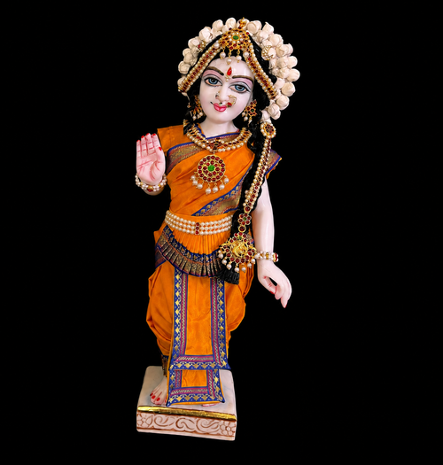 Bharthanatyam inspired Deity Pre-stitched Saree made of Plain Silk (Not Pure Silk) - Orange Saree with Royal Blue border, Orange blouse and Orange fan