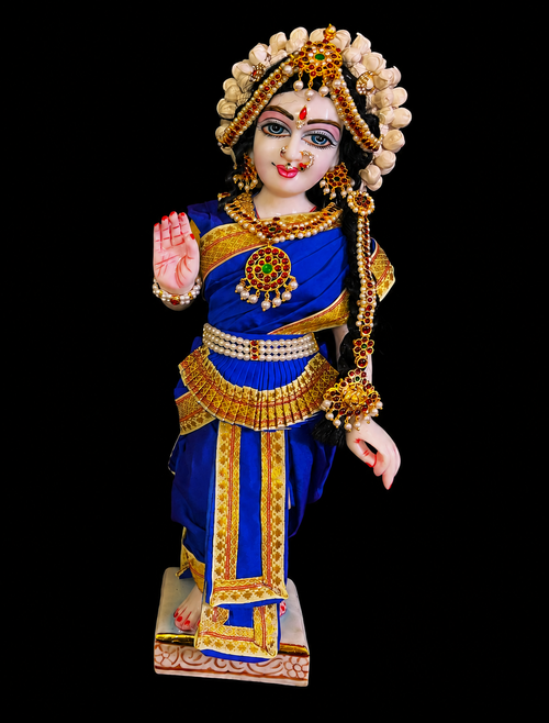 Bharthanatyam inspired Deity Pre-stitched Saree made of Plain Silk (Not Pure Silk) - Blue Saree with Off White border, Blue blouse and Blue fan