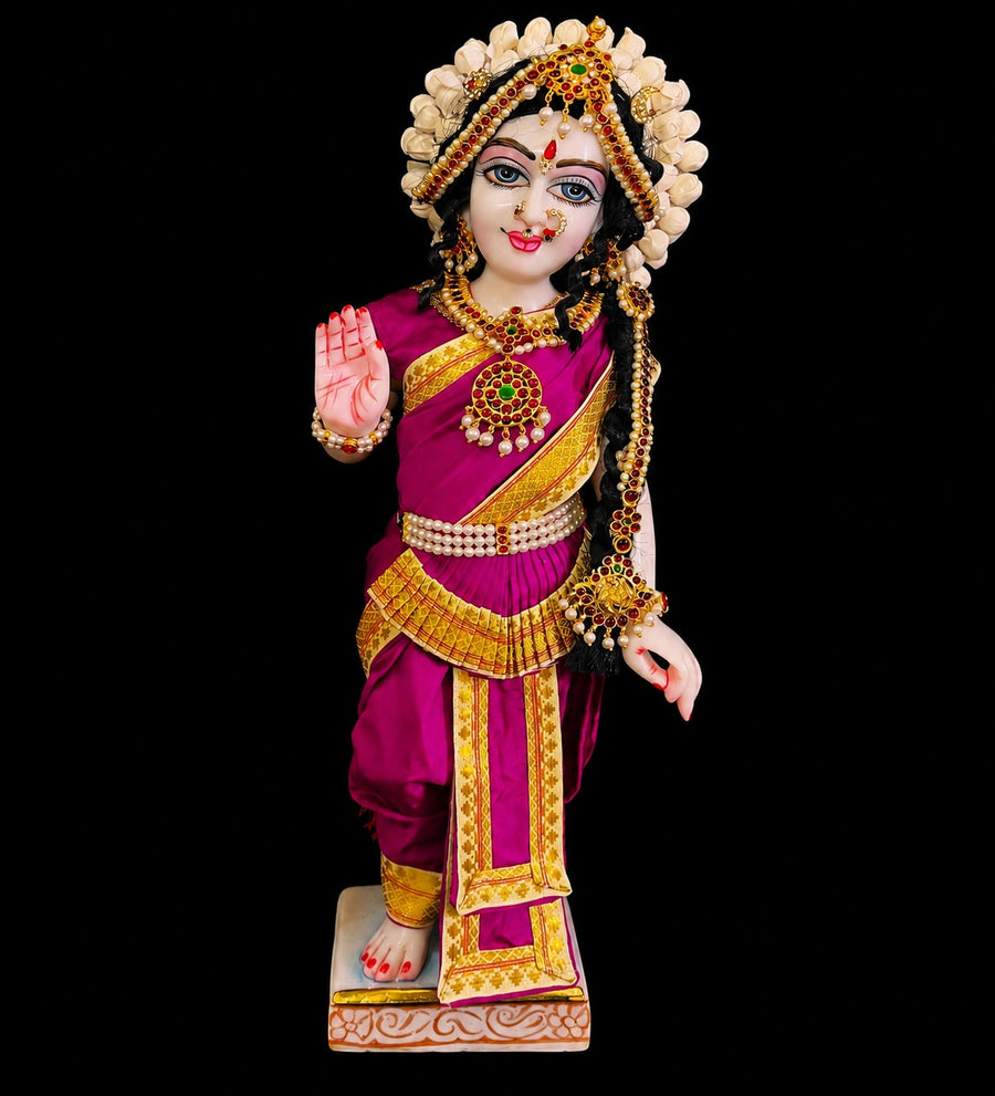 Bharthanatyam inspired Deity Pre-stitched Saree made of Plain Silk (Not Pure Silk) - Rani Pink Saree with Off White border, Rani Pink blouse and Rani Pink fan