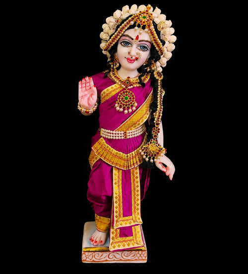 Bharthanatyam inspired Deity Pre-stitched Saree made of Plain Silk (Not Pure Silk) - Rani Pink Saree with Off White border, Rani Pink blouse and Rani Pink fan