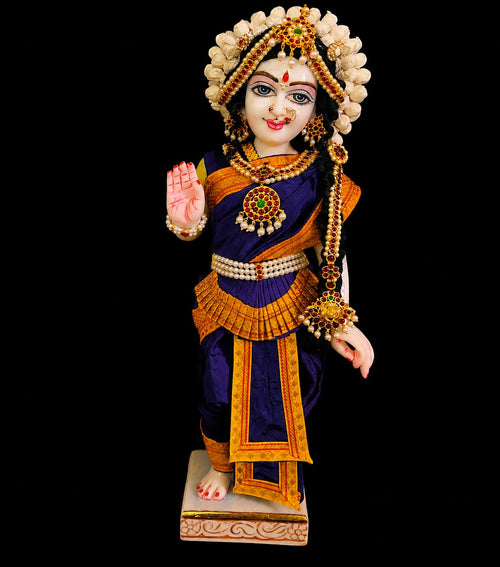 Bharthanatyam inspired Deity Pre-stitched Saree made of Plain Silk (Not Pure Silk) - Purple Saree with Yellow border, Purple blouse and Purple fan