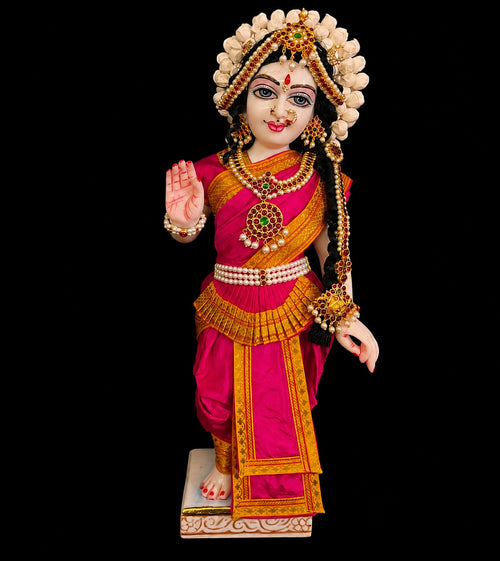 Bharthanatyam inspired Deity Pre-stitched Saree made of Plain Silk (Not Pure Silk) - Pink Saree with Yellow border, Pink blouse and Pink fan