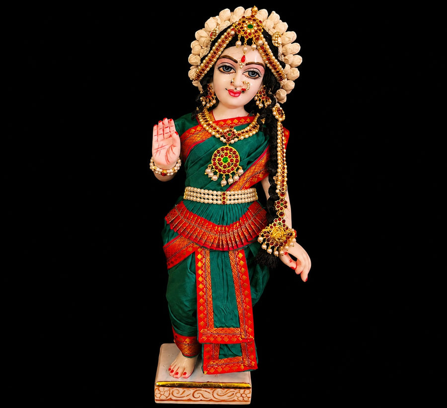 Bharthanatyam inspired Deity Pre-stitched Saree made of Plain Silk (Not Pure Silk) - Green Saree with Red border, Green blouse and Green fan