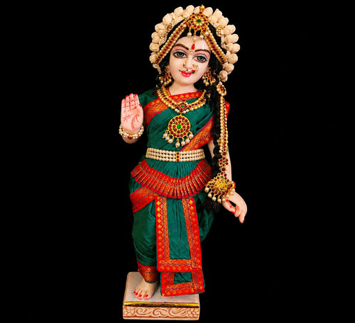 Bharthanatyam inspired Deity Pre-stitched Saree made of Plain Silk (Not Pure Silk) - Green Saree with Red border, Green blouse and Green fan