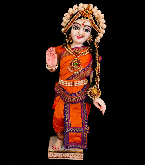 Bharthanatyam inspired Deity Pre-stitched Saree made of Plain Silk (Not Pure Silk) - Orange Saree with Purple border, Orange blouse and Orange fan