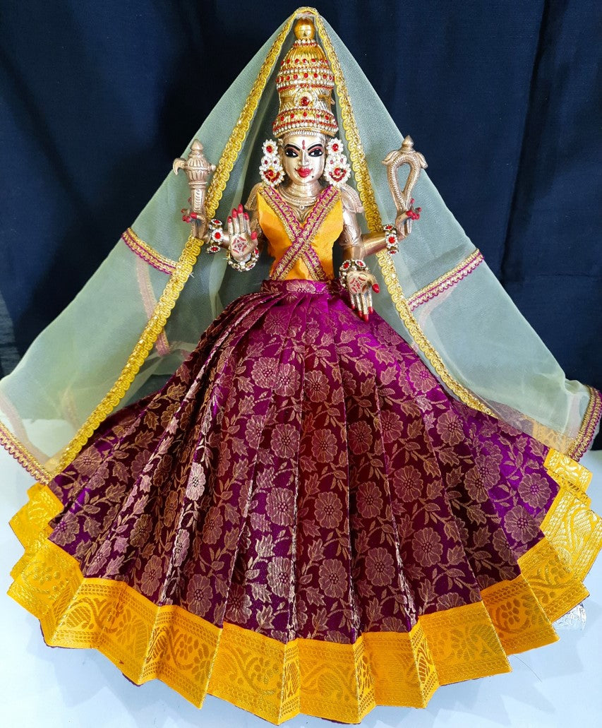Deity half saree / lehenga patka made of Brocade Silk fabric (Not Pure Silk) - Wine Lehenga with yellow jari border and golden net dupatta 1