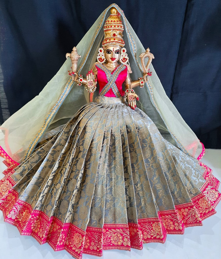 Deity half saree / lehenga patka made of Brocade Silk fabric (Not Pure Silk) - Grey Lehenga with pink jari border and golden net dupatta 1