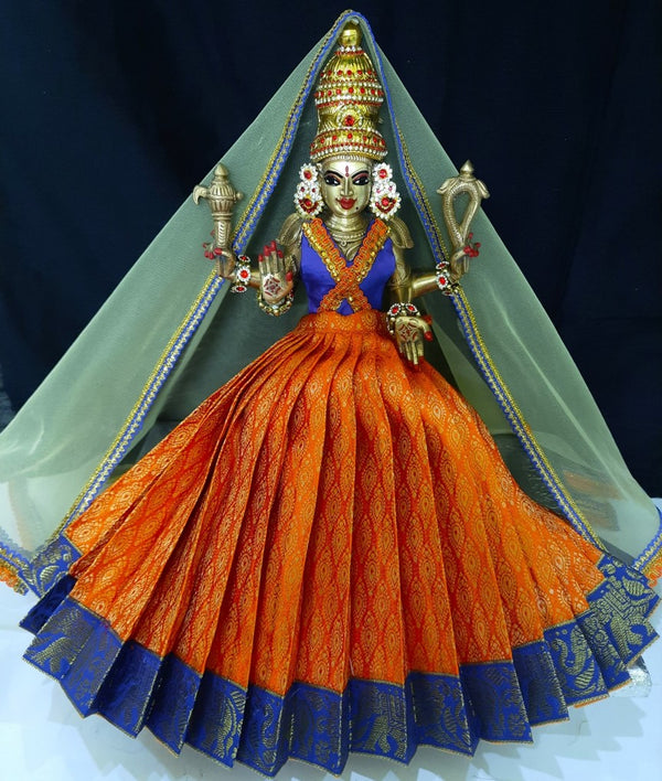 Deity half saree / lehenga patka made of Brocade Silk fabric (Not Pure Silk) - Orange Lehenga with Blue jari border and golden net dupatta