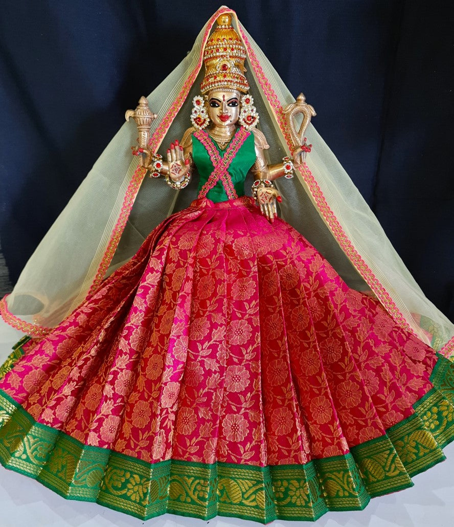 Deity half saree / lehenga patka made of Brocade Silk fabric (Not Pure Silk) - Pink Lehenga with green jari border and golden net dupatta 1