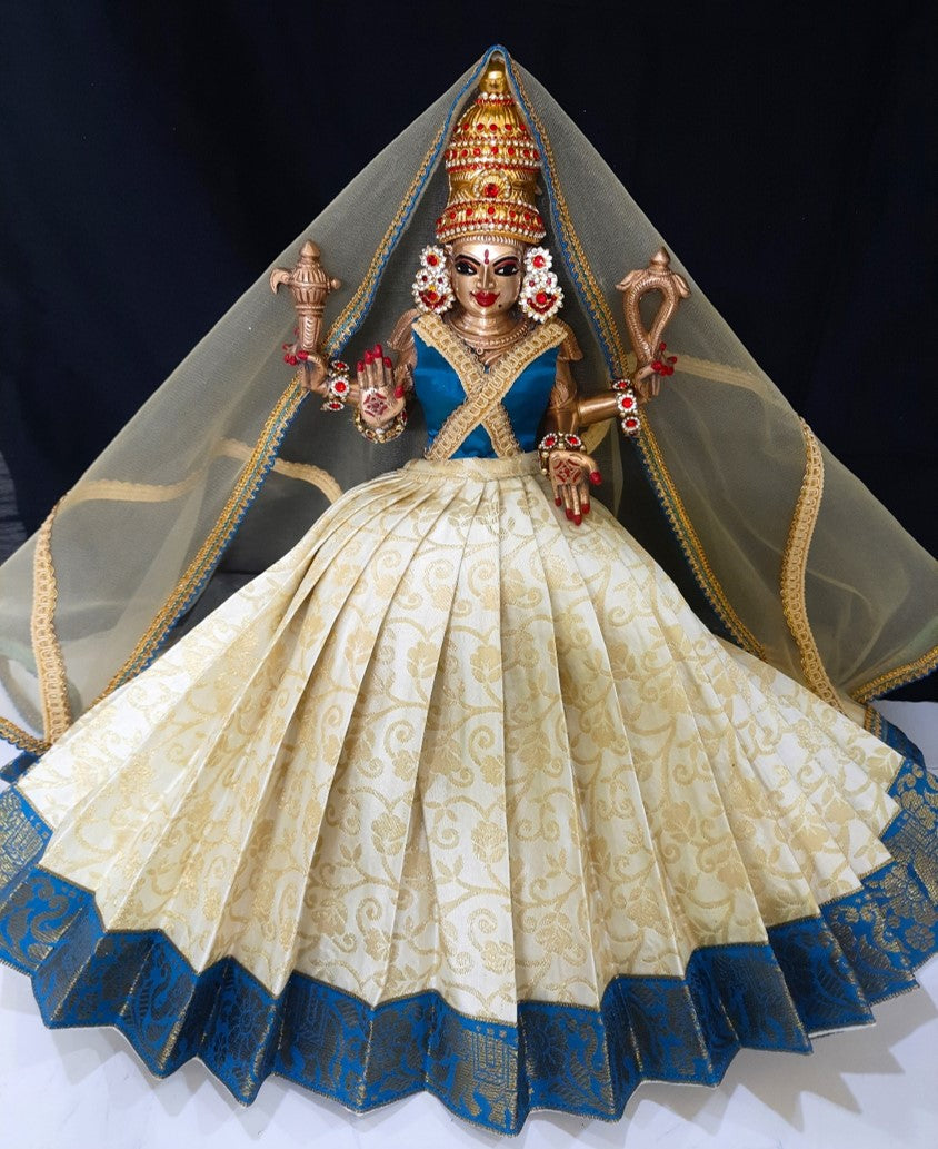 Deity half saree / lehenga patka made of Brocade Silk fabric (Not Pure Silk) - White Lehenga with Blue jari border and golden net dupatta 1