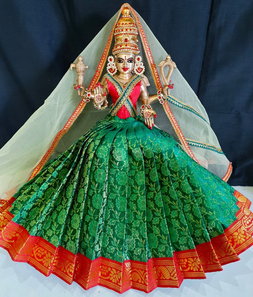 Deity half saree / lehenga patka made of Brocade Silk fabric (Not Pure Silk) - Bottle green Lehenga with red jari border and golden net dupatta 1