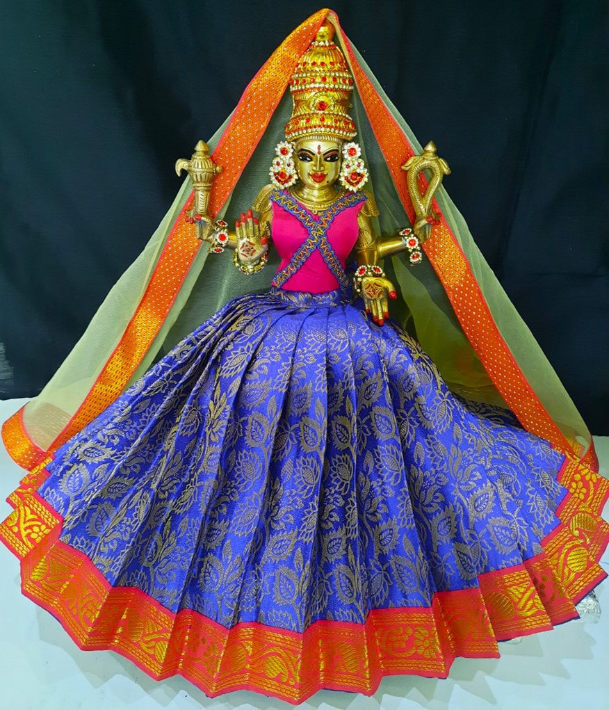 Deity half saree / lehenga patka made of Brocade Silk fabric (Not Pure Silk) - Royal blue Lehenga with pink jari border and golden net dupatta