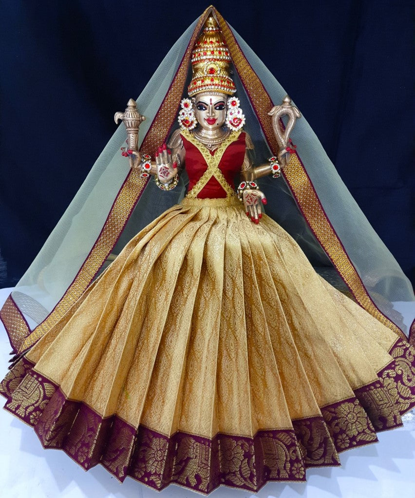 Deity half saree / lehenga patka made of Brocade Silk fabric (Not Pure Silk) - Golden Lehenga with brown jari border and golden net dupatta