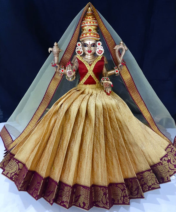 Deity half saree / lehenga patka made of Brocade Silk fabric (Not Pure Silk) - Golden Lehenga with brown jari border and golden net dupatta