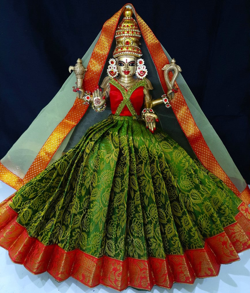Deity half saree / lehenga patka made of Brocade Silk fabric (Not Pure Silk) - Sap green Lehenga with red jari border and golden net dupatta