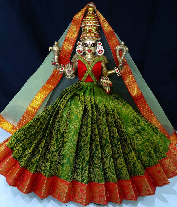 Deity half saree / lehenga patka made of Brocade Silk fabric (Not Pure Silk) - Sap green Lehenga with red jari border and golden net dupatta
