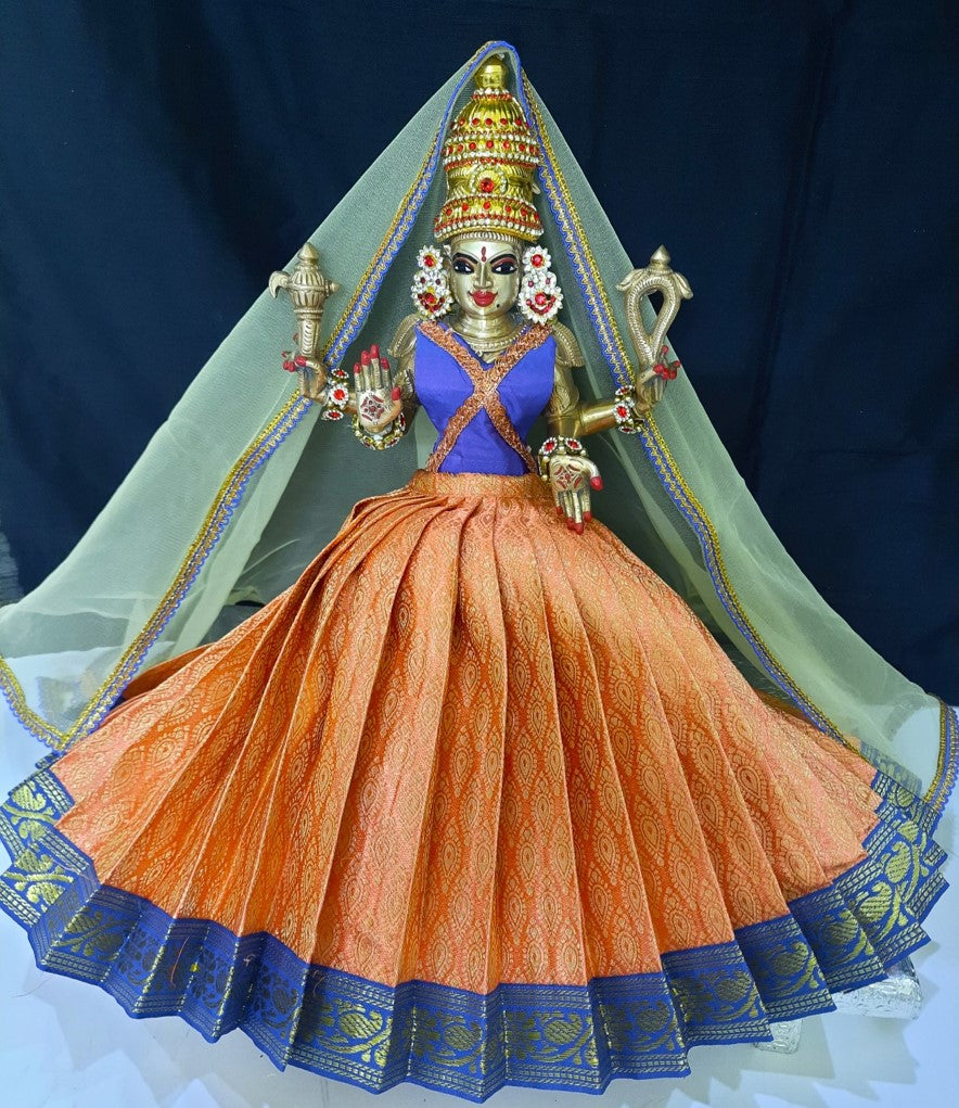 Deity half saree / lehenga patka made of Brocade Silk fabric (Not Pure Silk) - Peach Lehenga with blue jari border and golden net dupatta
